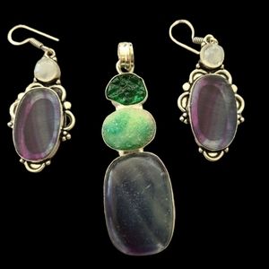 Glass, druzzy, flouride, moonstone pendant and earrings set